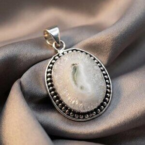 Solar Quartz Druzy Pendant Sterling Silver Stamped 1.75"